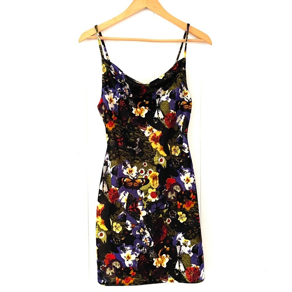 Urban Outfitters Butterfly Floral Velvet Mini Dress Cowl Neck Slip Multi Color - Picture 2 of 10